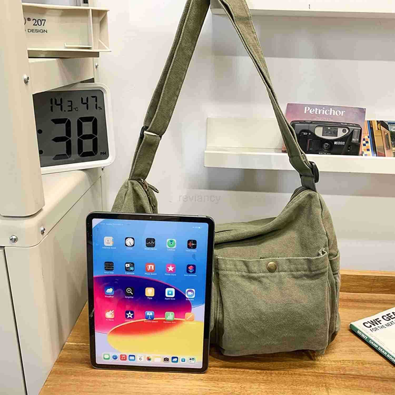 Canvas Messenger Bag Cute Crossbody Tote Bag Shoulder for Women Men for School Aesthetic Hobo with Multiple PocketsW250911