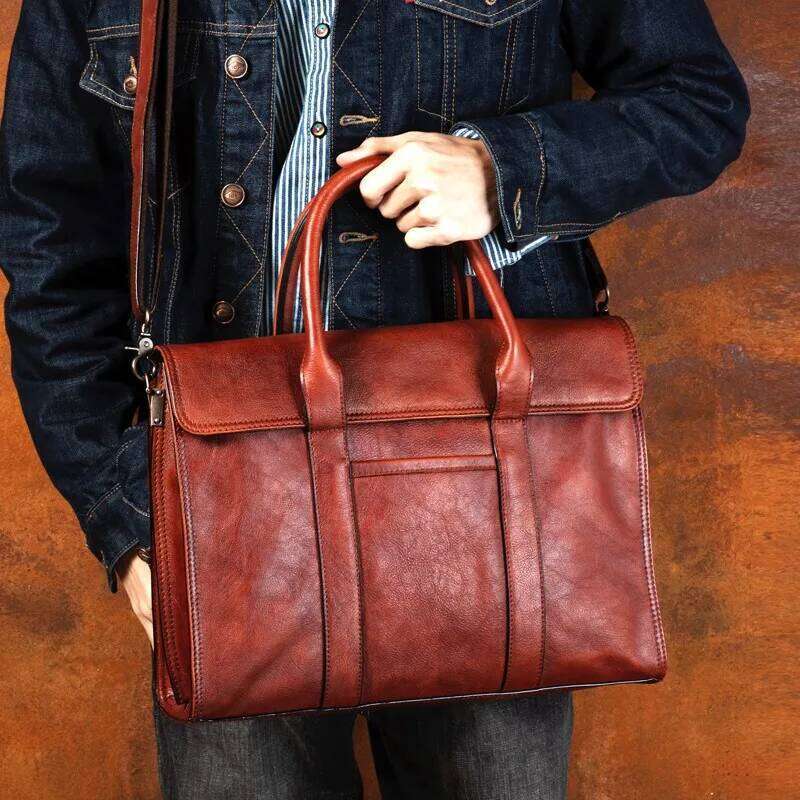Vegetable tanned handbag briefcase leather shoulder messenger casual men's bag
