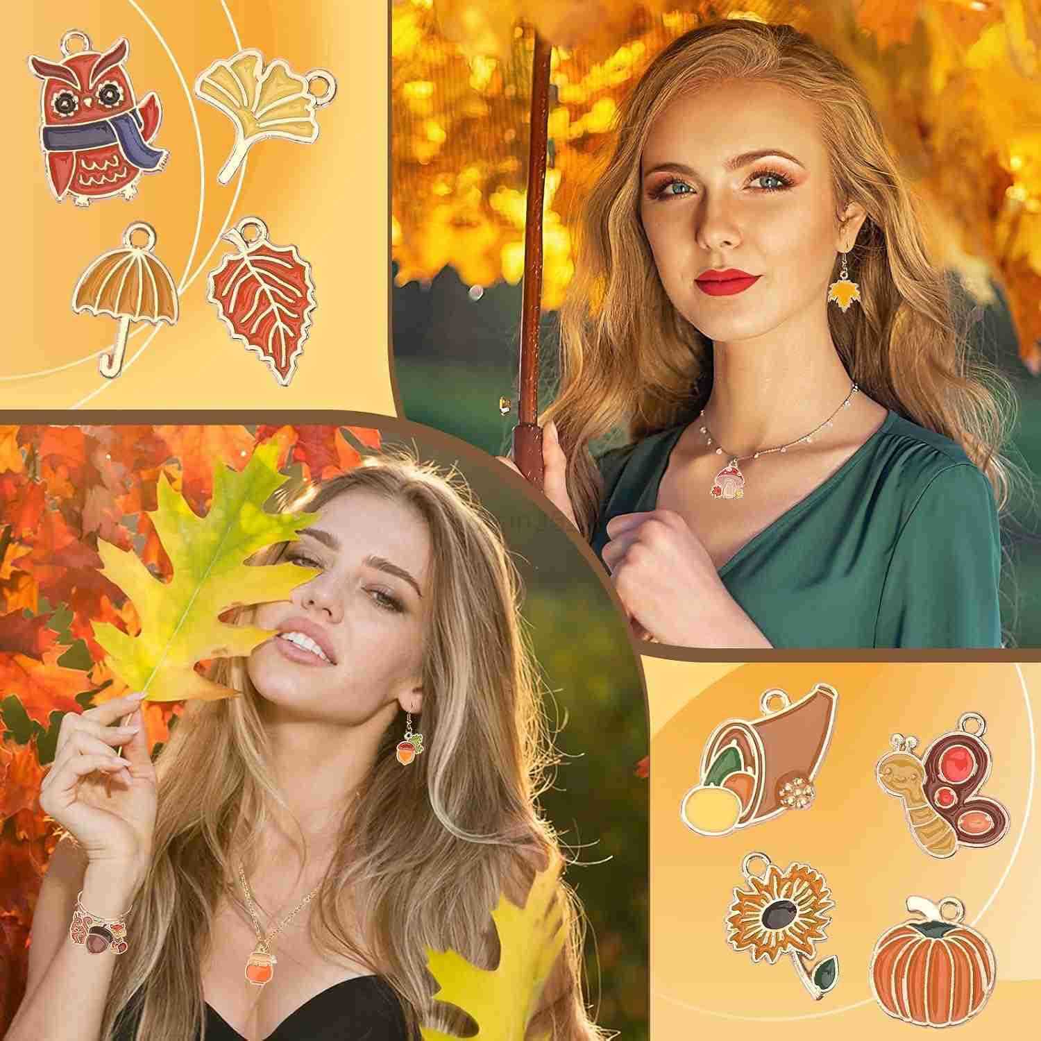 110Pcs55 Pairs Fall Charms Thanksgiving Charms for Jewelry Making Bulk Autumn Thanksgiving Pumpkin Maple Leaf Turkey Enamel Charm Pendants for DIY W25