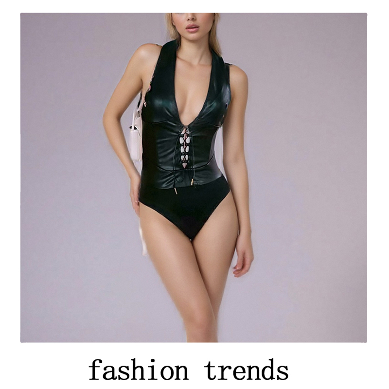Women's Jumpsuits & Rompers Women's Black PU Leather Halter Deep V Lace - up Bodysuit