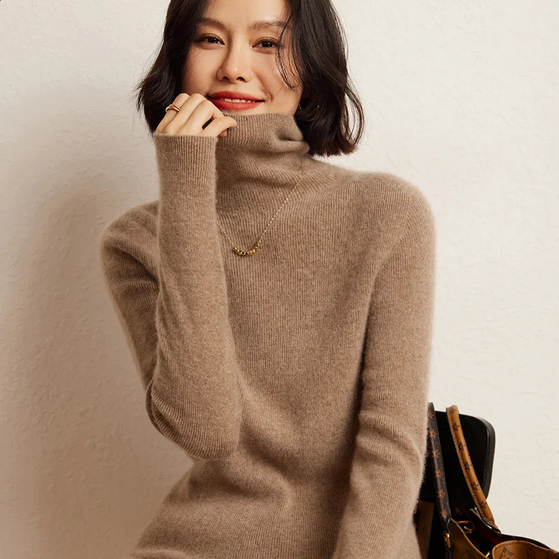 100 cashmere sweater womens knitted pullover high neck solid color slim fit soft basic 250911