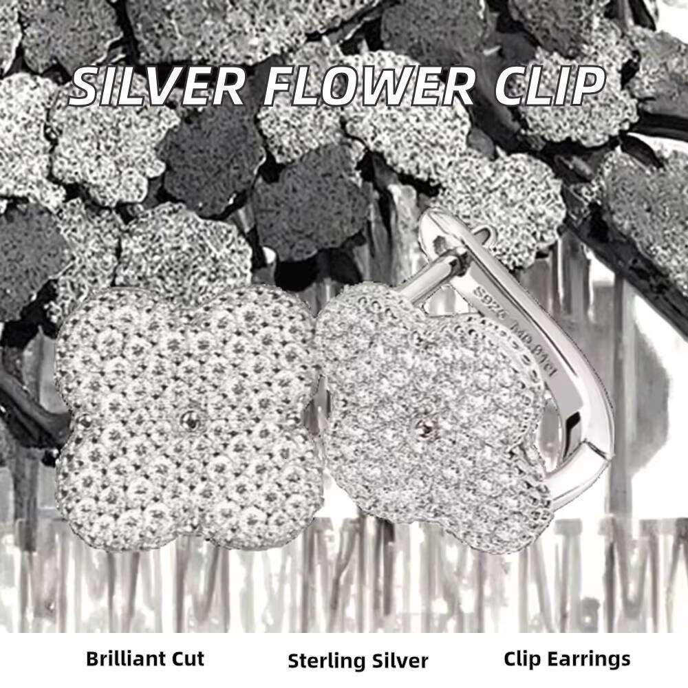 Certified Women's Sterling Sier Moissanite Flower Earrings with Four-leaf Clover Clip Full Cluster