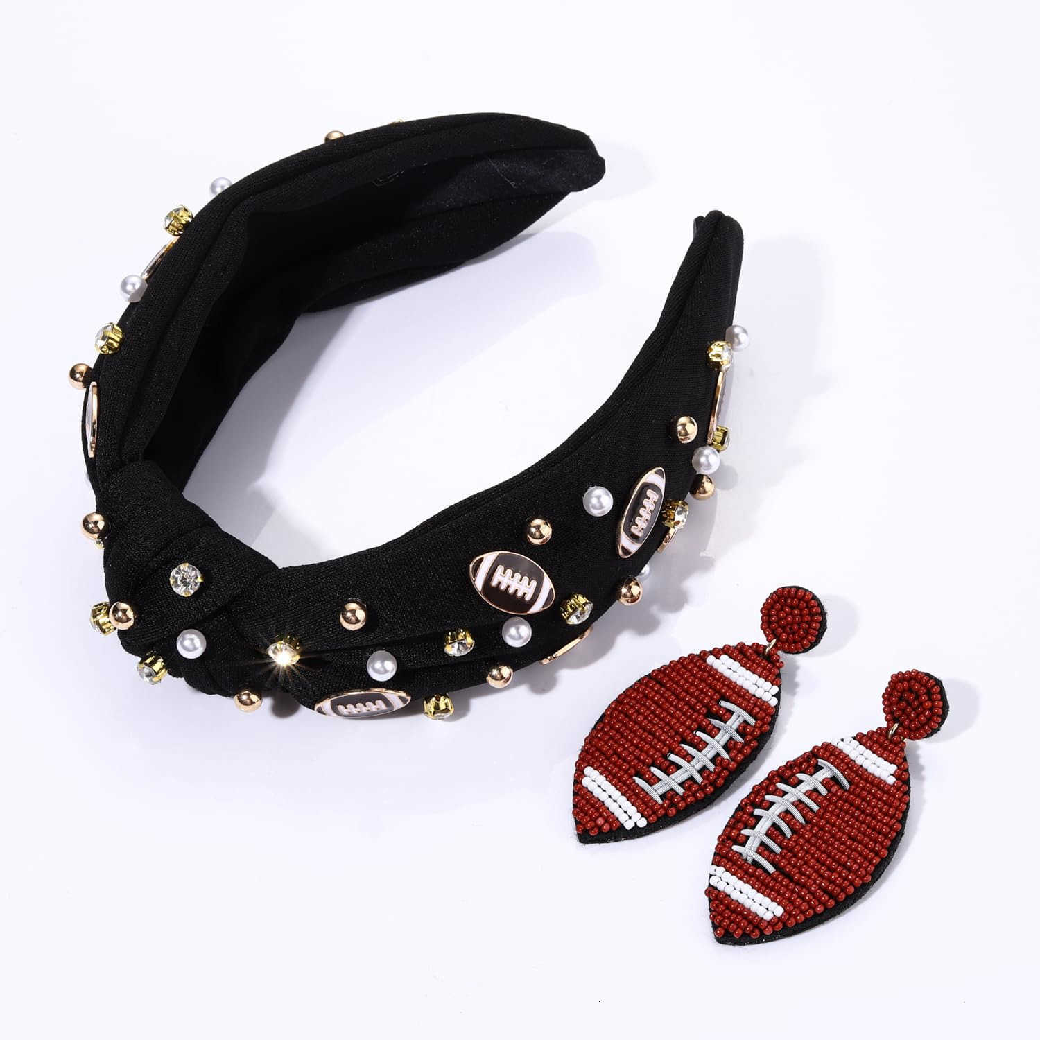 Knotted Headband Rhinestone Crystal Jeweled Baseball Charm Wide Headband Headpiece Fun Baseball Beaded Dangle Earrings for Women Spring Summer Game Da