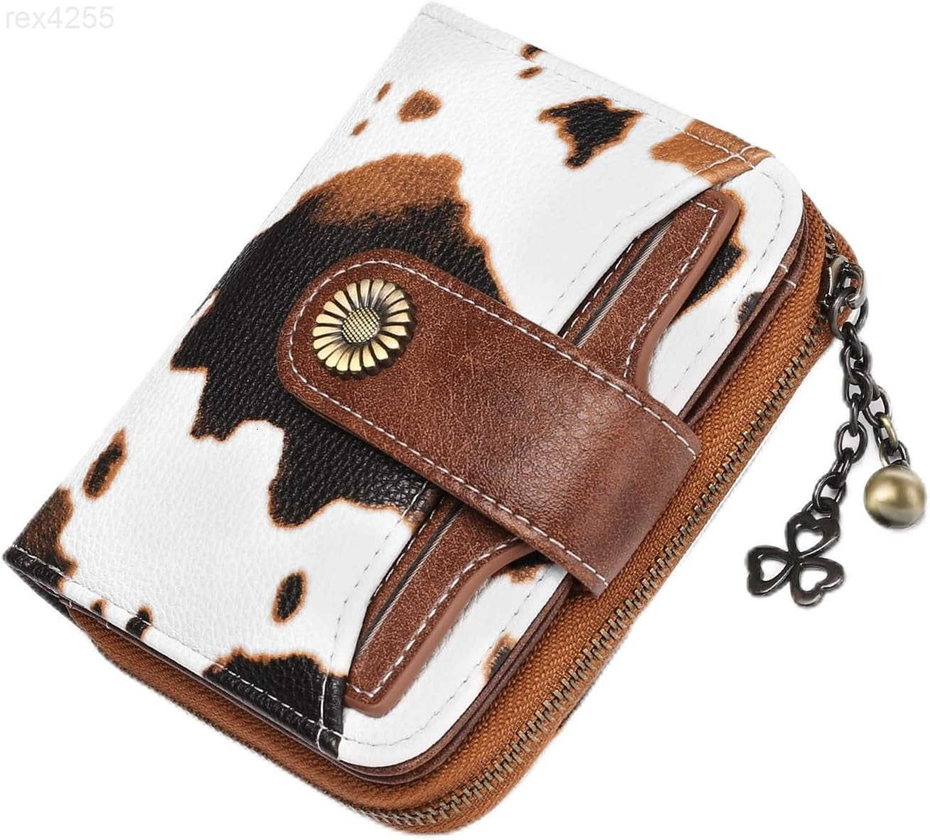Wallet for Women Leather Small RFID Blocking Bifold Zipper Pocket Card Holder with ID Window Cow Print BrownW250911