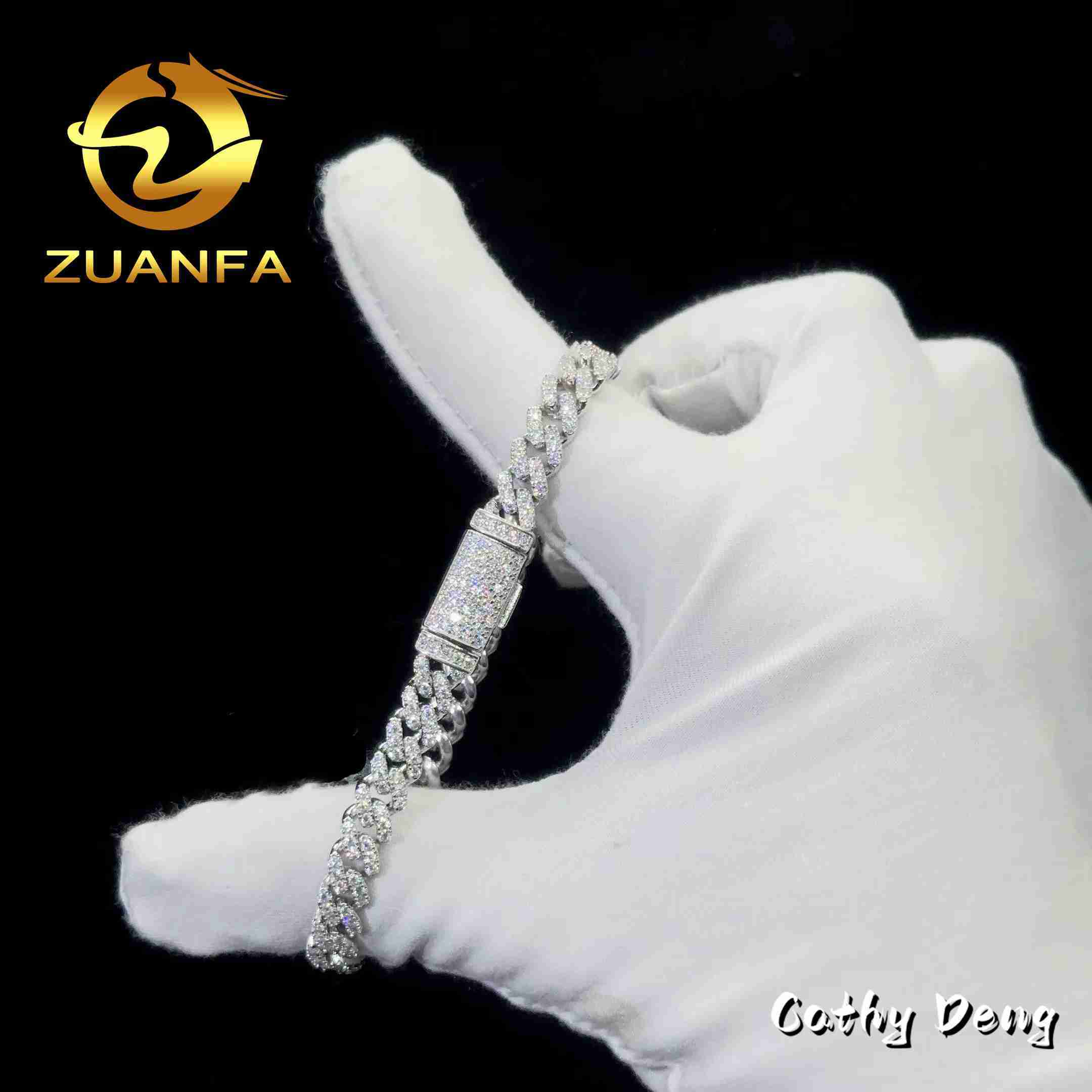 Fashion Hip Hop Jewelry 6mm One Row 925 Silver Iced Out Moissanite Bracelet Men Custom Clasp Vvs Moissanite Cuban Link Chain