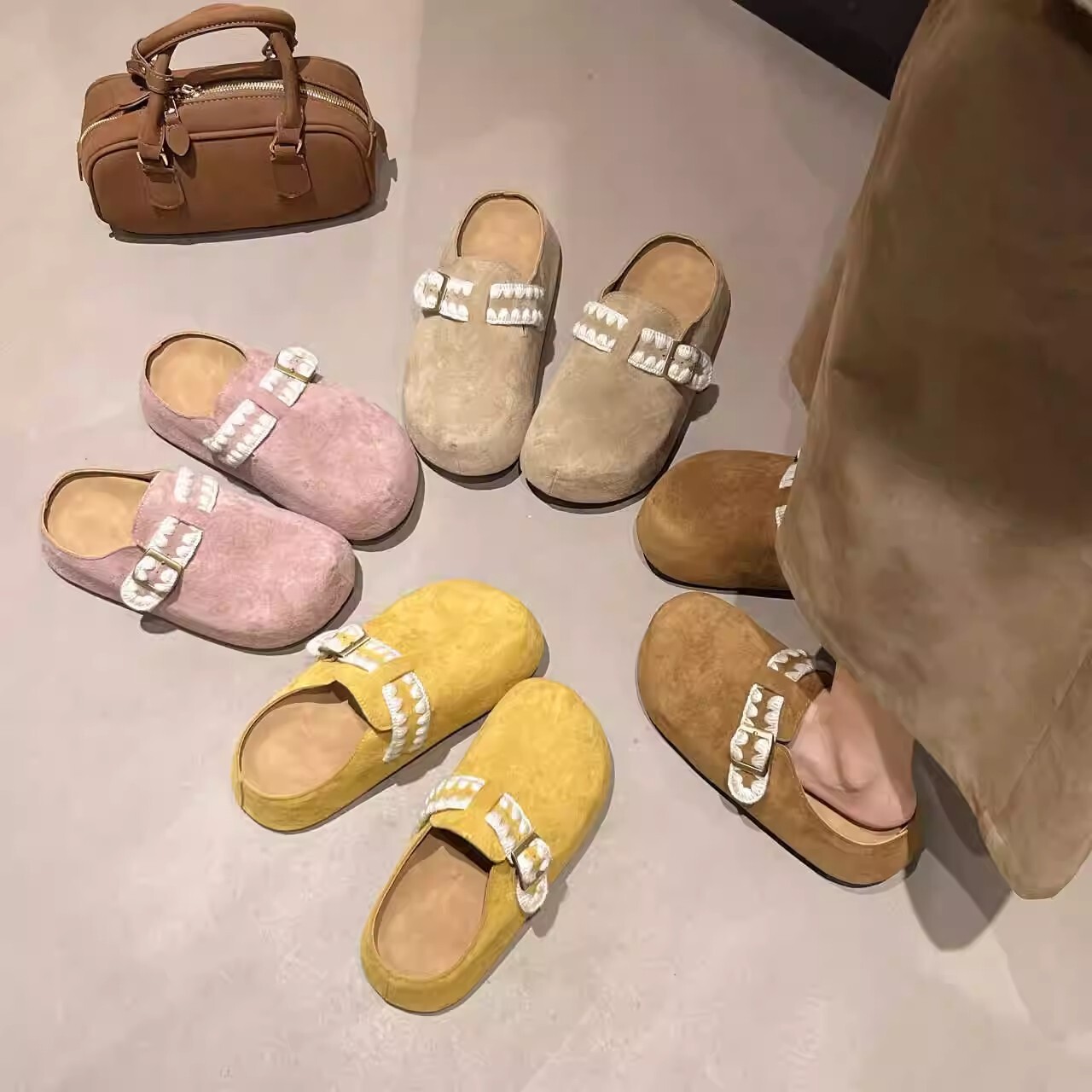 Autumn new designer shoes height increasing thick soled hidden shoes retro casual slippers closed toe half slippers toe caps, outer shoes