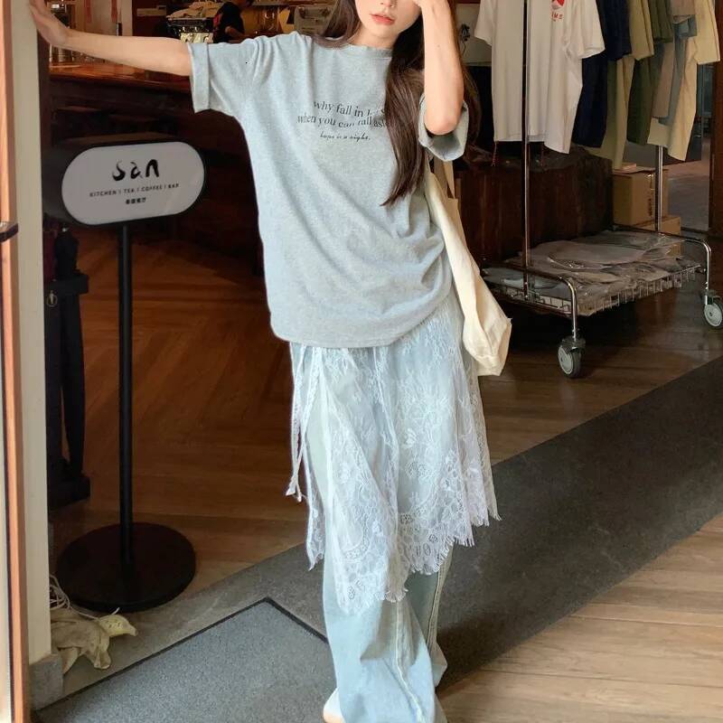 Midi Skirts Women Lace Drawstring Design Elegant Korean Style Spring Summer A-line High Waist Irregular Side Slit Fashion Street dongdumaoyi