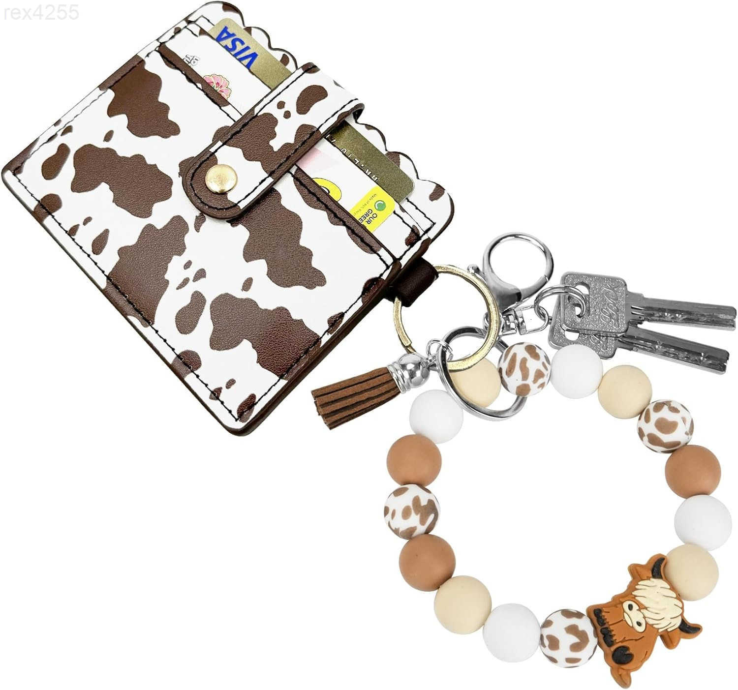 Cow Wristlet Bracelet Keychain with Wallet Card Holder Silicone Beaded Keyring Purse for Women GirlsW250911