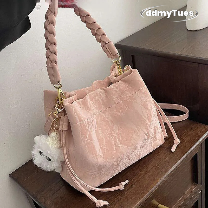 High-end Stylish Niche Pink for Women New Versatile Crossbody Fashion Handbag Bucket Bag TUES