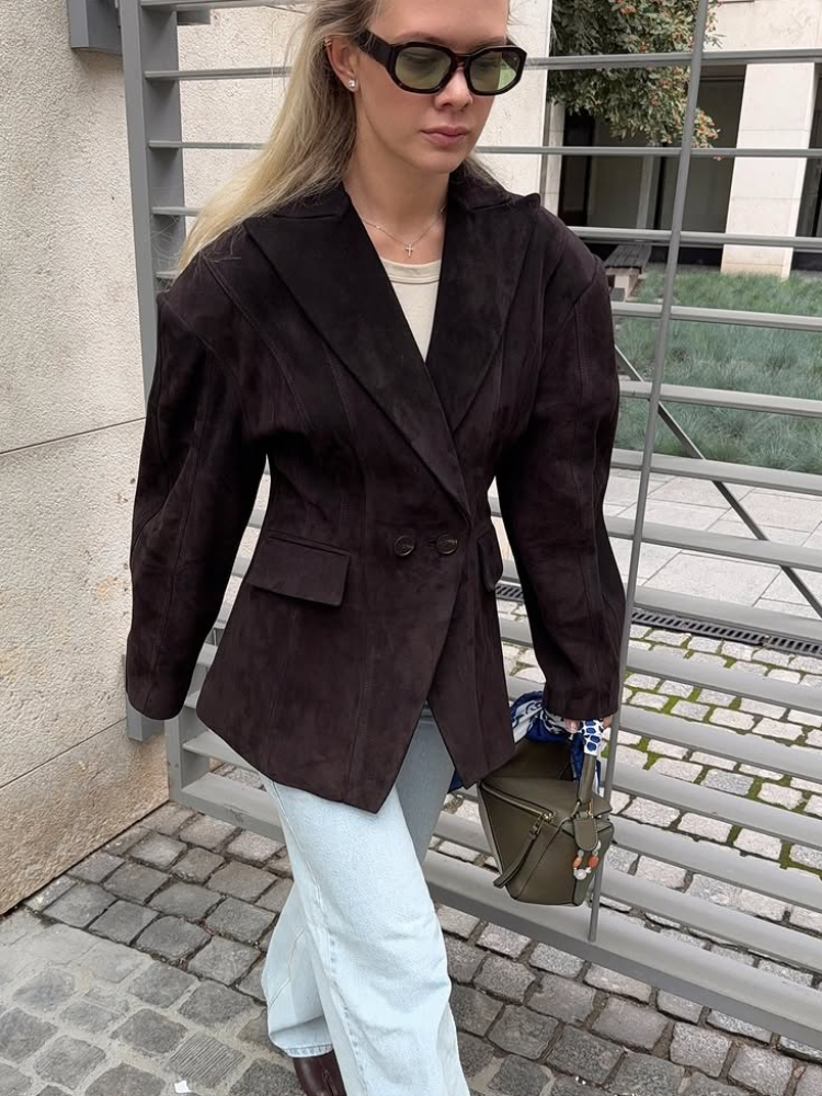 Women's Fashion Dark Brown Suede Jacket Casual Stand Collar Double Breasted Female Coat Lady 2025 Autumn Chic Street Brown Outerwear