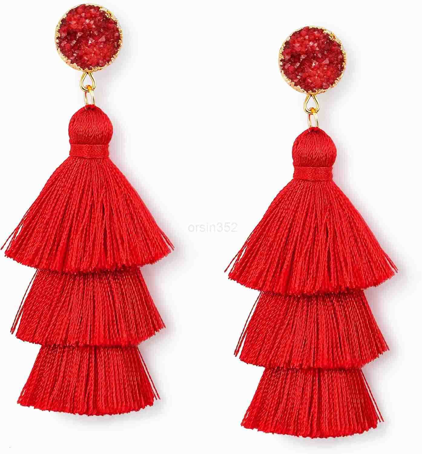 Colorful Layered Tassel Earrings Bohemian Statement Tiered Tassel Big Dangle Drop Earrings for Women Druzy Studs Christmas Mothers Day GiftW250911