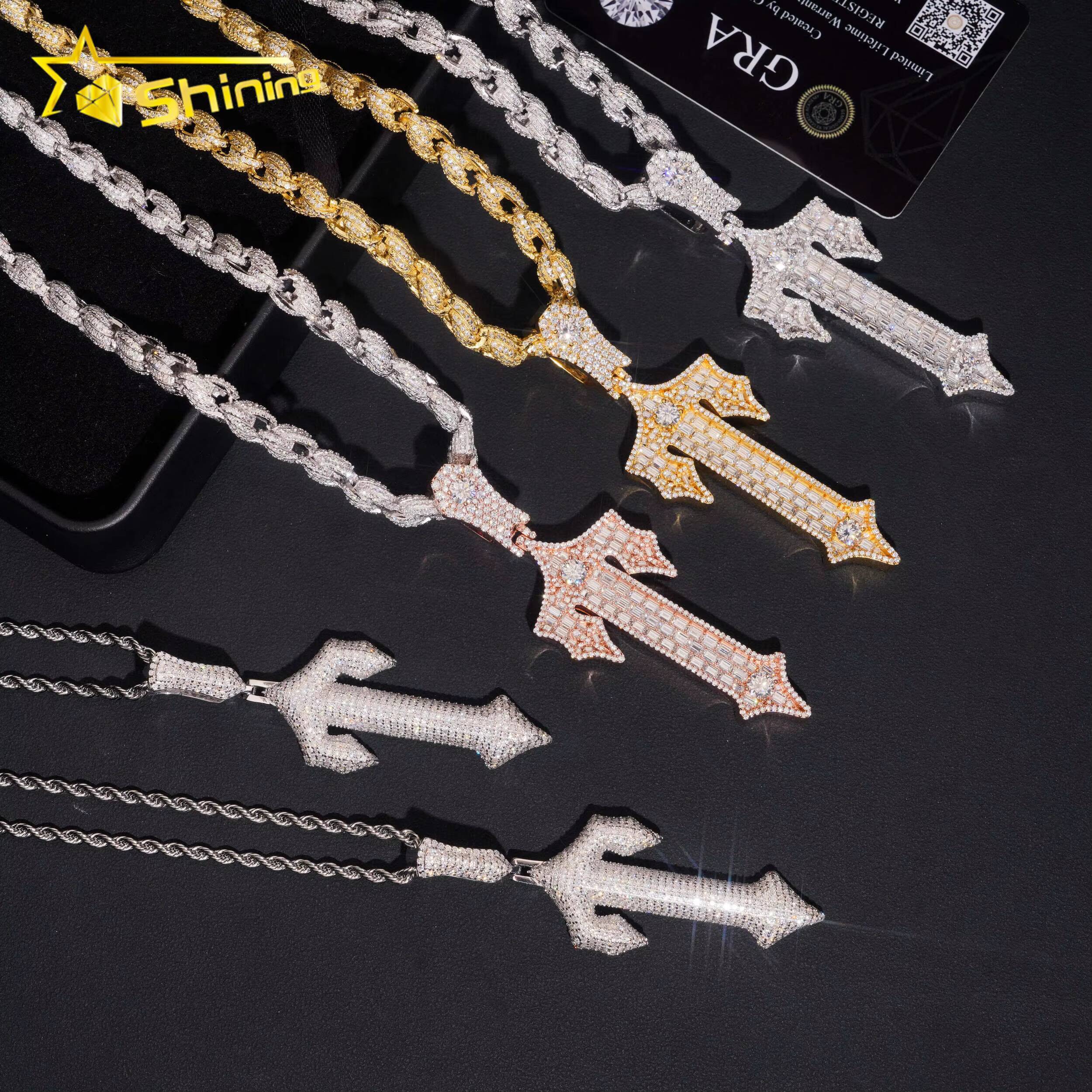 New Design GRA Moissnaite Cross Charms Silver 925 Gold Plated Hip Hop Moissanite Pendant Fine Jewelry Necklaces