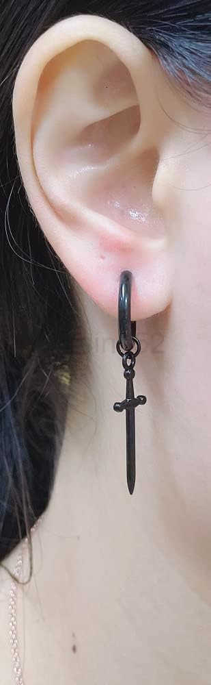 Clip on Dagger Sword Minimalist Dangle Drop Small Hoop Earrings for Men Women Boys Non Pierced Ear 316L Stainless Steel Charms Fake Huggie Hoops Carti