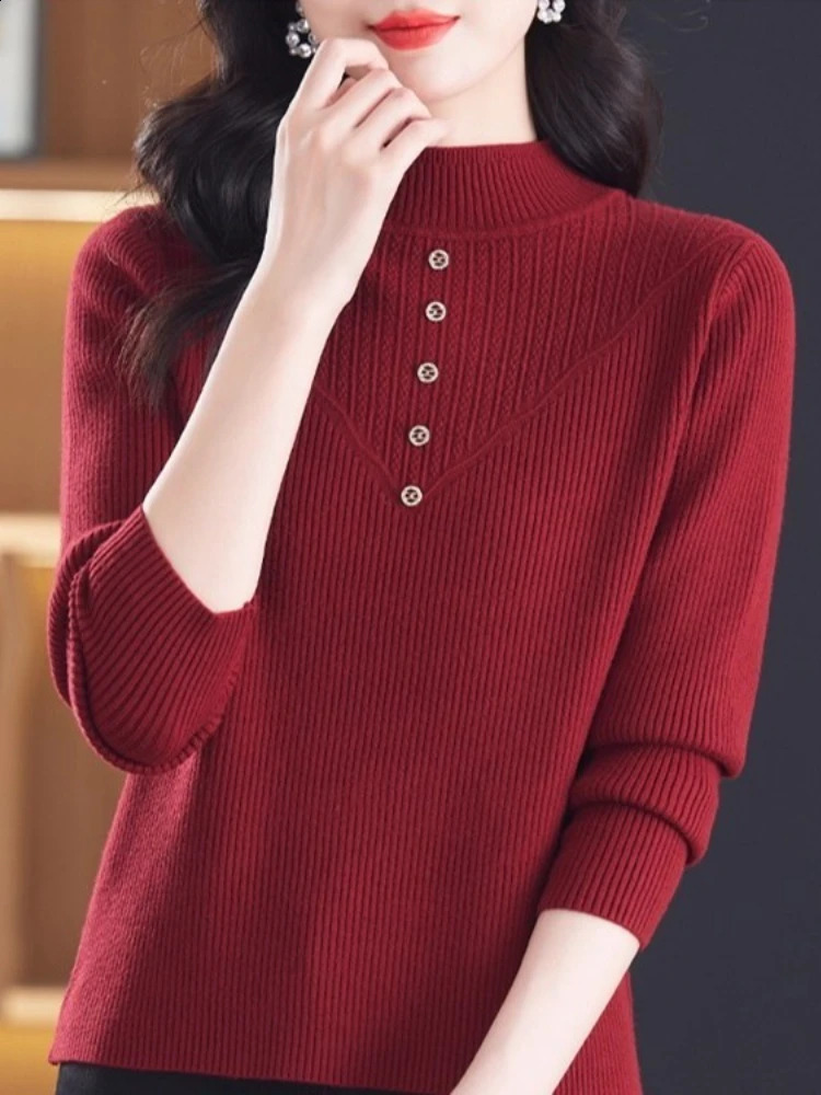 Button Pull Femme Sweater Jumpers Sweaters Autumn Winter Pullovers Women Warm Thick High Collar Knitwears 250911