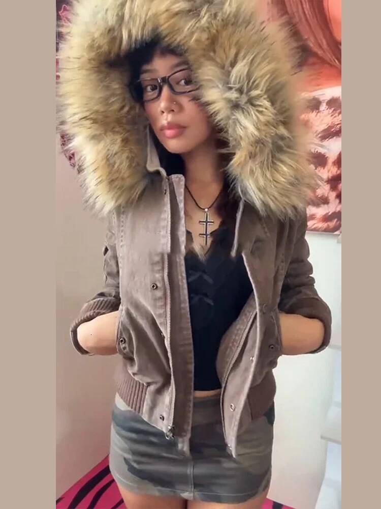 Elegant Fur Patchwork Hooded Coat Women Chic Thicken Zipper Pocket Button Female Jacket 2025 Autumn Winter Lady Streetwear