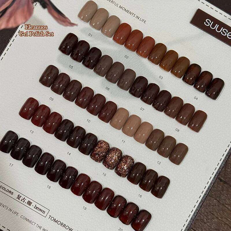 Eleanuos Caramel Coffee Gel Polished 20Pcs Mixed Clearcoat Semi Permanent Brown Shiny Vintage Whitening UV LED Primer Nail Salon