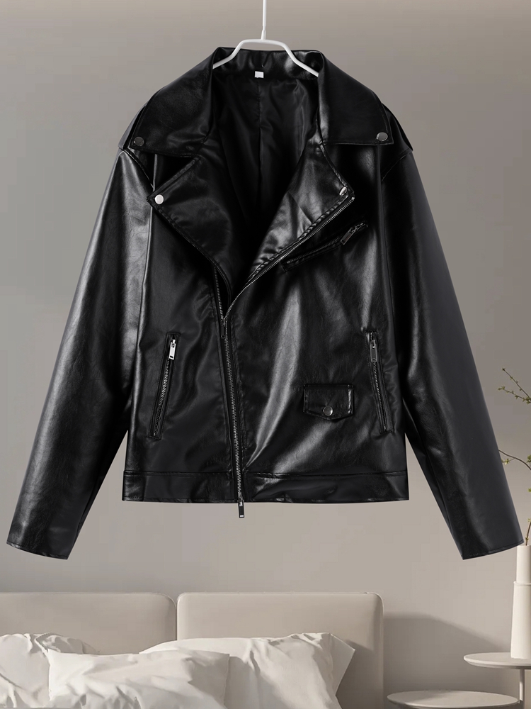 Women's Leather Outerwear Revival Lapel Zipper Coats Vintage Turn-down Collar Long Sleeve Asymmetrical Autumn Winter Jackets Chic Outerwears