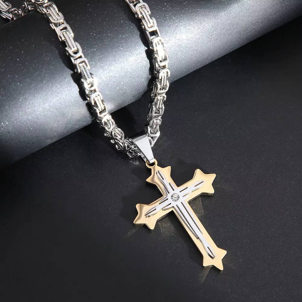 Mens Trendy Titanium Steel Diamond Cross Pendant Necklace Personalized Hiphop Style Stainless Steel Chains Jewelry