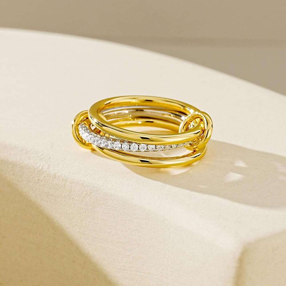 14K Plated Stackable Rings,3 CZ Cubic Zirconia Ring Set,Sier & Gold Stacking Rings, Multi-Link Connected,Statement Interlocking Band for Women, Hypoal
