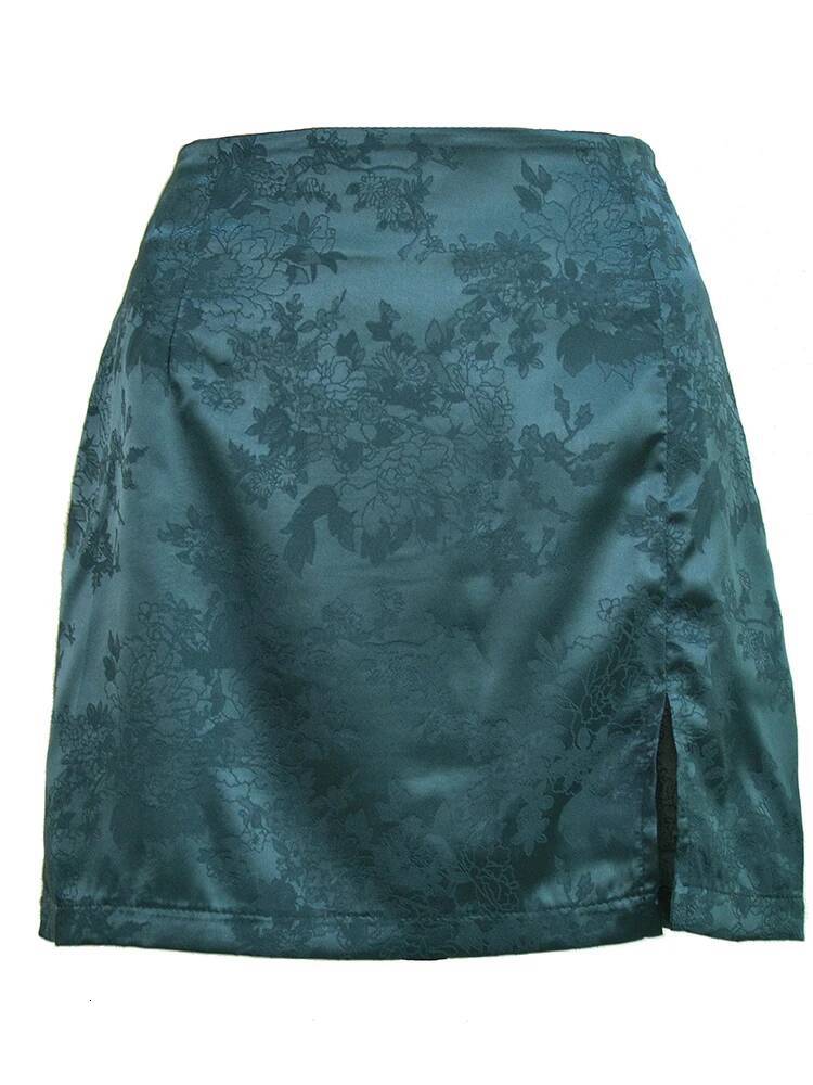 Women Summer Elegant Jacquard Satin Short Sexy Waist Split Mini Vintage Zipper Skirt High Street dongdumaoyi
