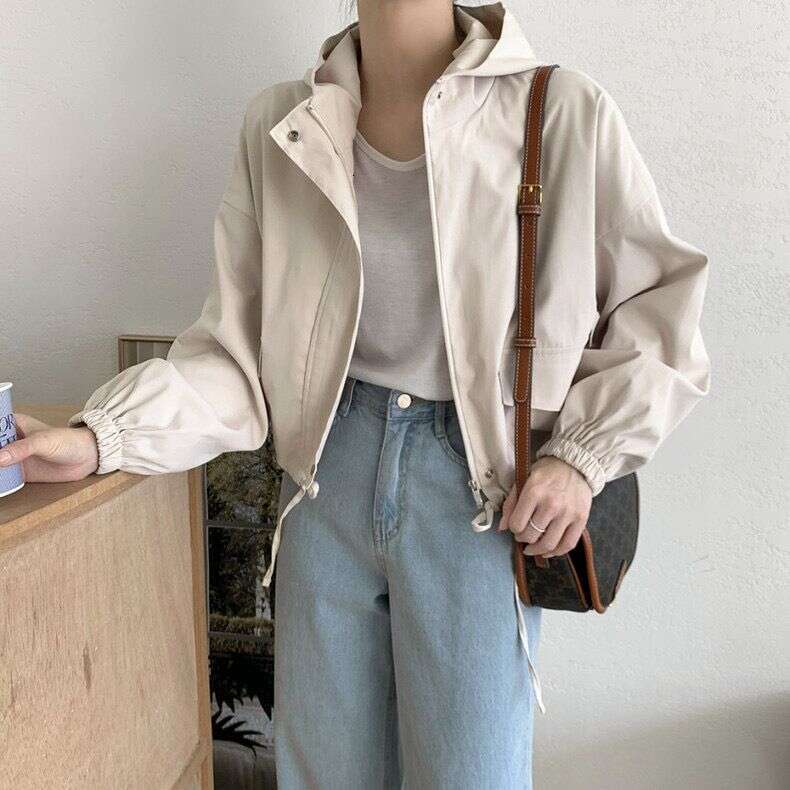 2025 Korean Chic Autumn Hooded Zipper Loose Casual Solid Color Long Sleeved Short Jacket For Women