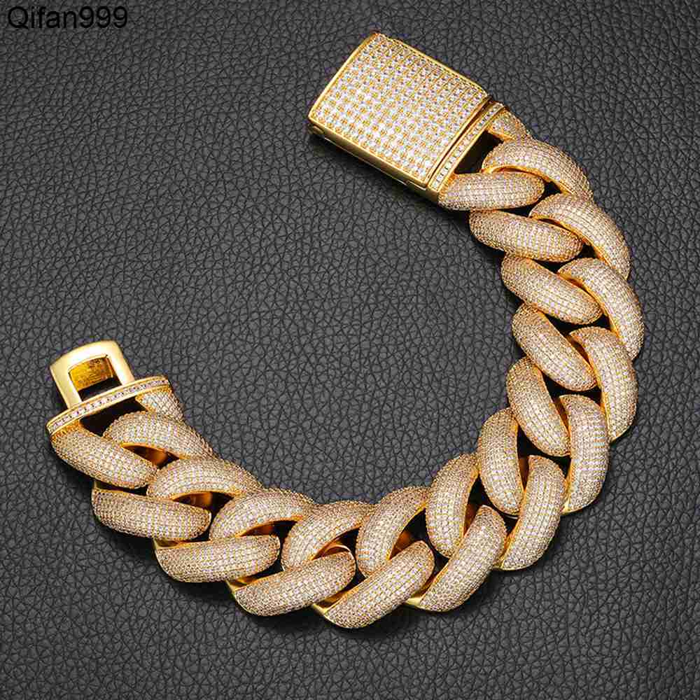 Real Gold Plated Mens Cuban Link Bracelet with Dazzling 5A Cubic Zirconia Stones 25mm Wide Hip Hop Style