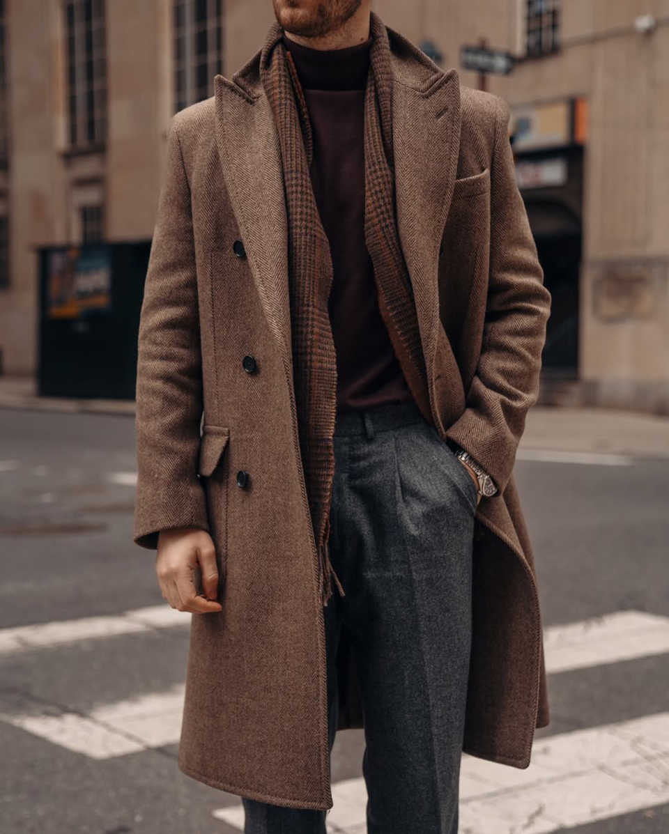 Warm Men Coat Peaked Lapel Double Breasted Wool Blends Causal Long Overcoat Autumn Winter Jacket Customized