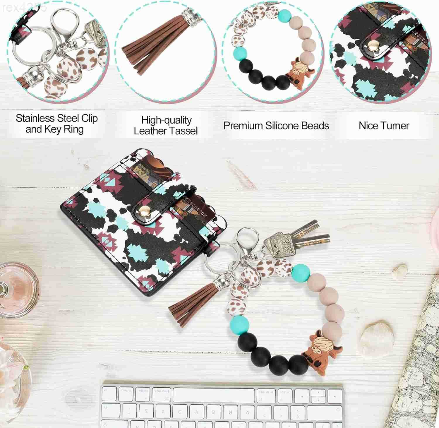 Cow Wristlet Bracelet Keychain with Wallet Card Holder Silicone Beaded Keyring Purse for Women GirlsW250911