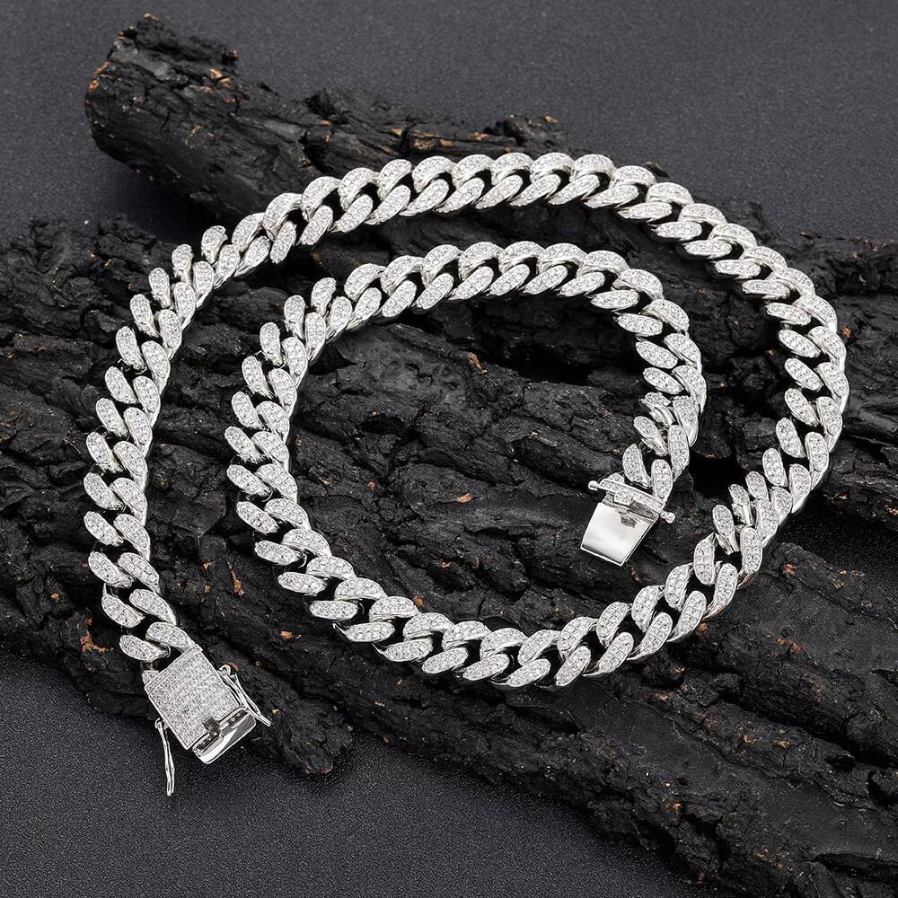 NUOYA High Quality 12mm Iced Out Zircon Cuban Link Chain Necklace White Gold Plated Customizable Cuban Chain Hip Hop Jewelry