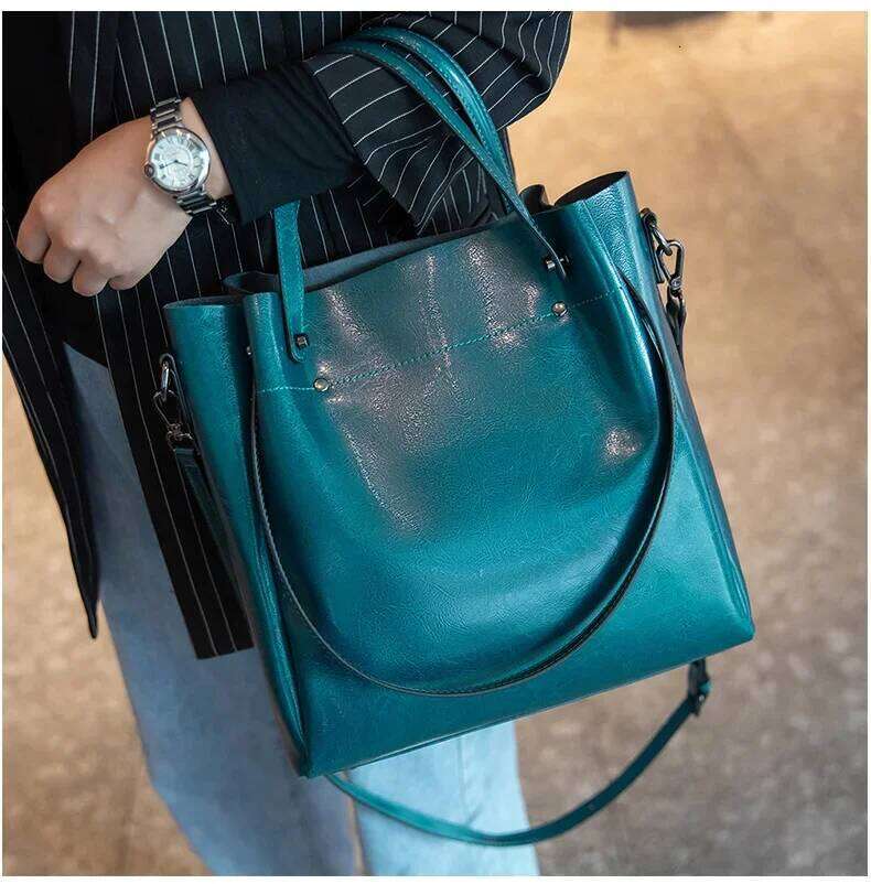 Women's Cow Genuine Leather Handbags Vintage Retro Cowhide Shoulder Bag Ladies Large Capacity Multiple Pockets Lady