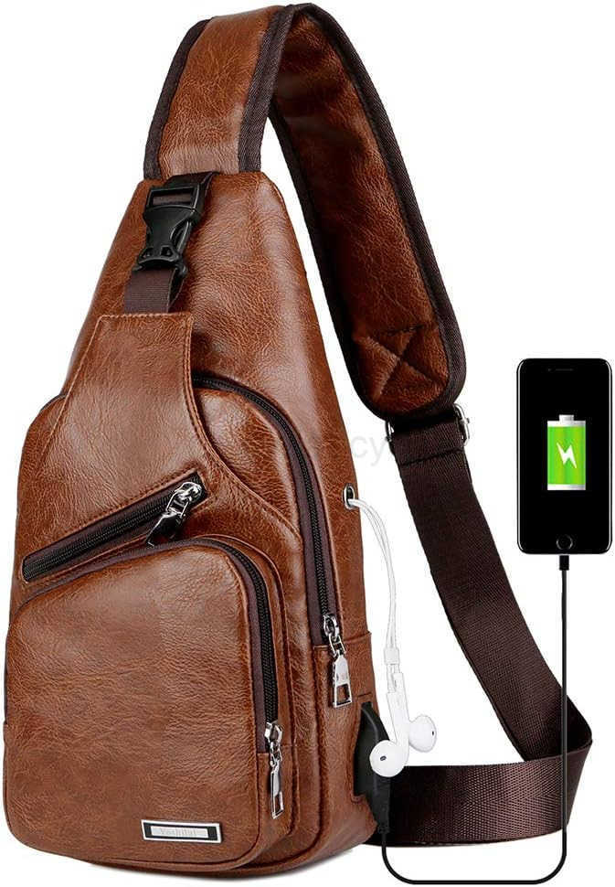 Leather Sling Bag Mens Crossbody Bag Chest Bag Sling Backpack for Men with USB Charge PortW250911