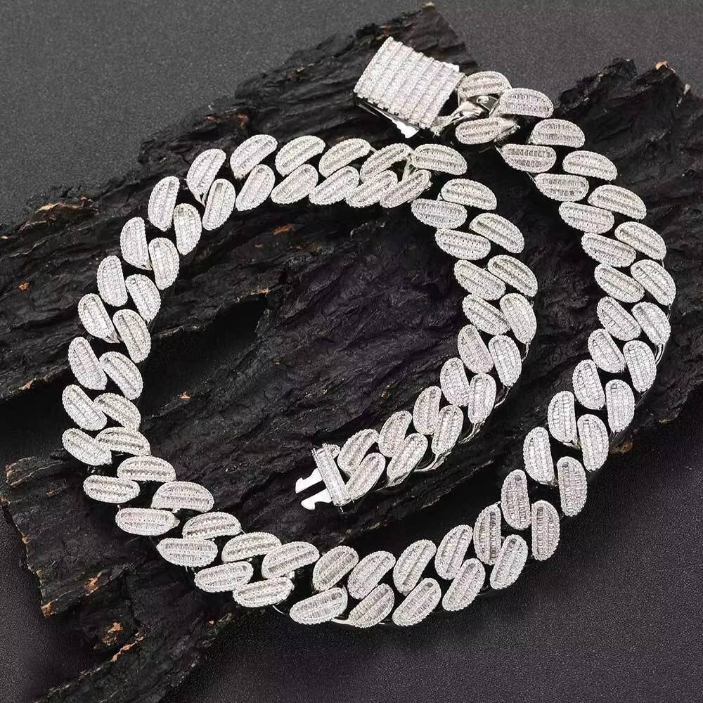 Hot Sales 925 Silver Baguette Fine Jewelry Necklace Iced Out Hip Hop VVS Moissanite Cuban Link Chain New Style Hip Hop Jewelry
