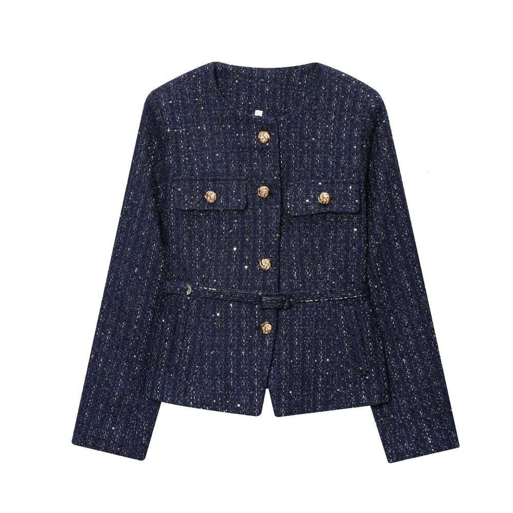 DHEssentials French Style Fashionable Casual Elegant Belted Tweed Sequin Jacket