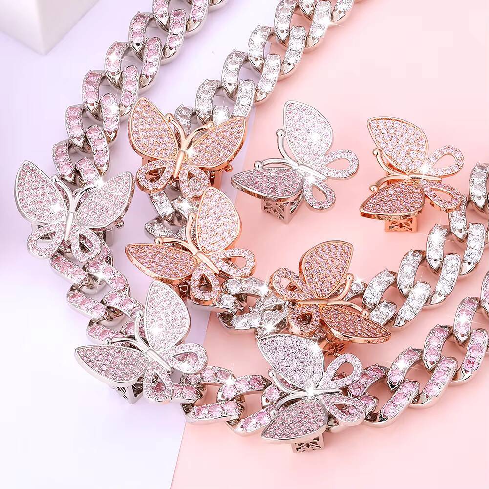 KRKC 18k Gold Pink Plated Colored Moissanite Butterfly Choker Silver Butterfly Chain Jewelry Butterfly Cuban Link Necklace