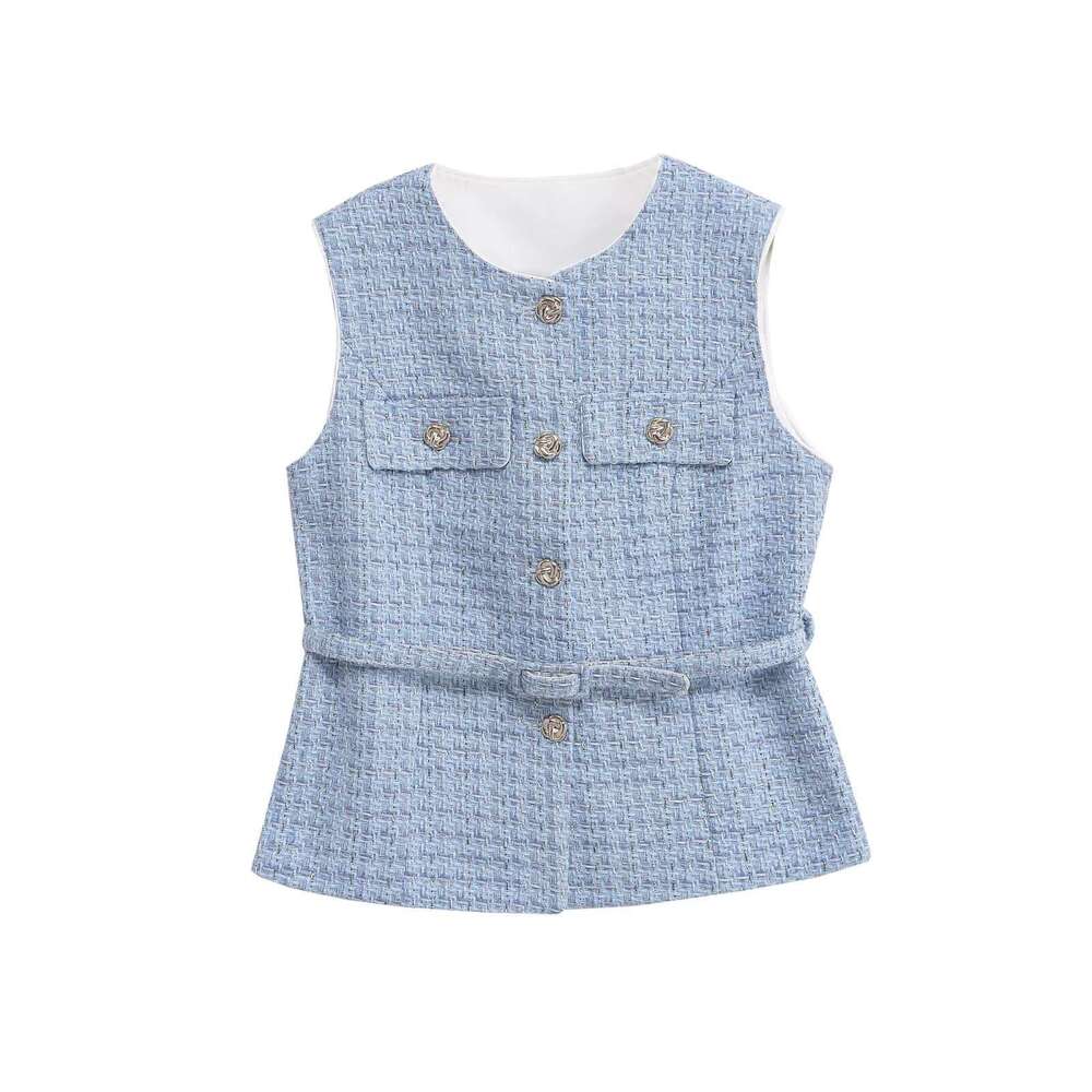 DHEssentials Ins Women's Fashion 20205 New Round Neck Waist-Cinching Little Chanel Style Multi-Color Belt Decorated Vest
