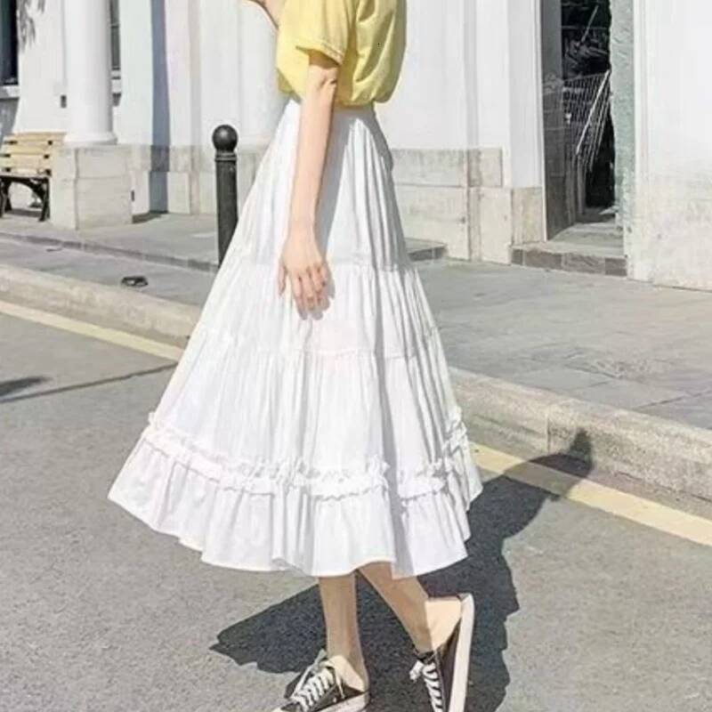 Casual Vintage Women Matching Chic Lady's White Sweet Girl's Cake Elastic Waist A-Line Mid Length Flare Skirt dongdumaoyi