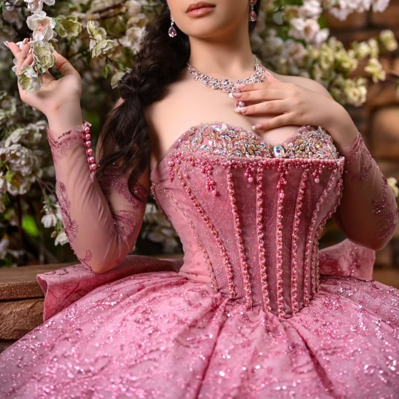 Pink Shiny Ball Gown Quinceanera Dresses Off The Shoulder Sequin Applique Beading Crystal Tull Party Birthday Sweet 16 Dress Vestidos 15 Anos