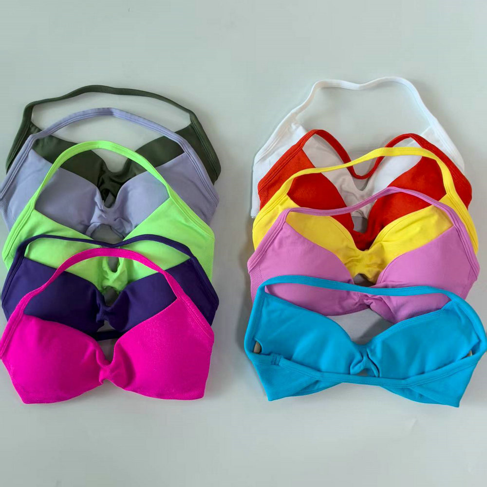 Strappy Bra For Women Backless Halter Yoga Bra Removable Cups Workout Clothing Gym Top Low Support Seamless Sports Bras