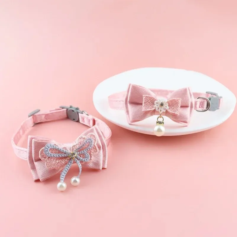 Pink Lace Bow Hanging Bead Pet Collar for Cats & Dogs with Bell Stylish Cat & Dog Accessory