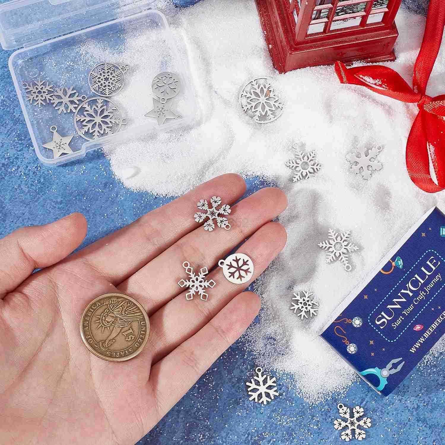 1 Box 36Pcs 6 Style Snow Charms Christmas Snowflake Charms Xmas Winter Rhinestone Pendants for Jewelry Making DIY Necklace Earrings Christmas PaW25091