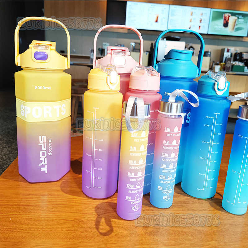 Large Capacity Pet Plastic Cup Gradient Threepiece Set Double Drinking Straw Water Cup Outdoor Sports Portable Handle Cold Water Bottle H250911