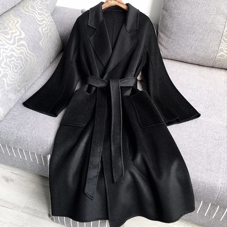 Casual Big Size Thick Water Ripple Handmade Doublesided Wool Women Coat Lapel Long Seelve Loose Belt Jacket Autumn Winter 250911