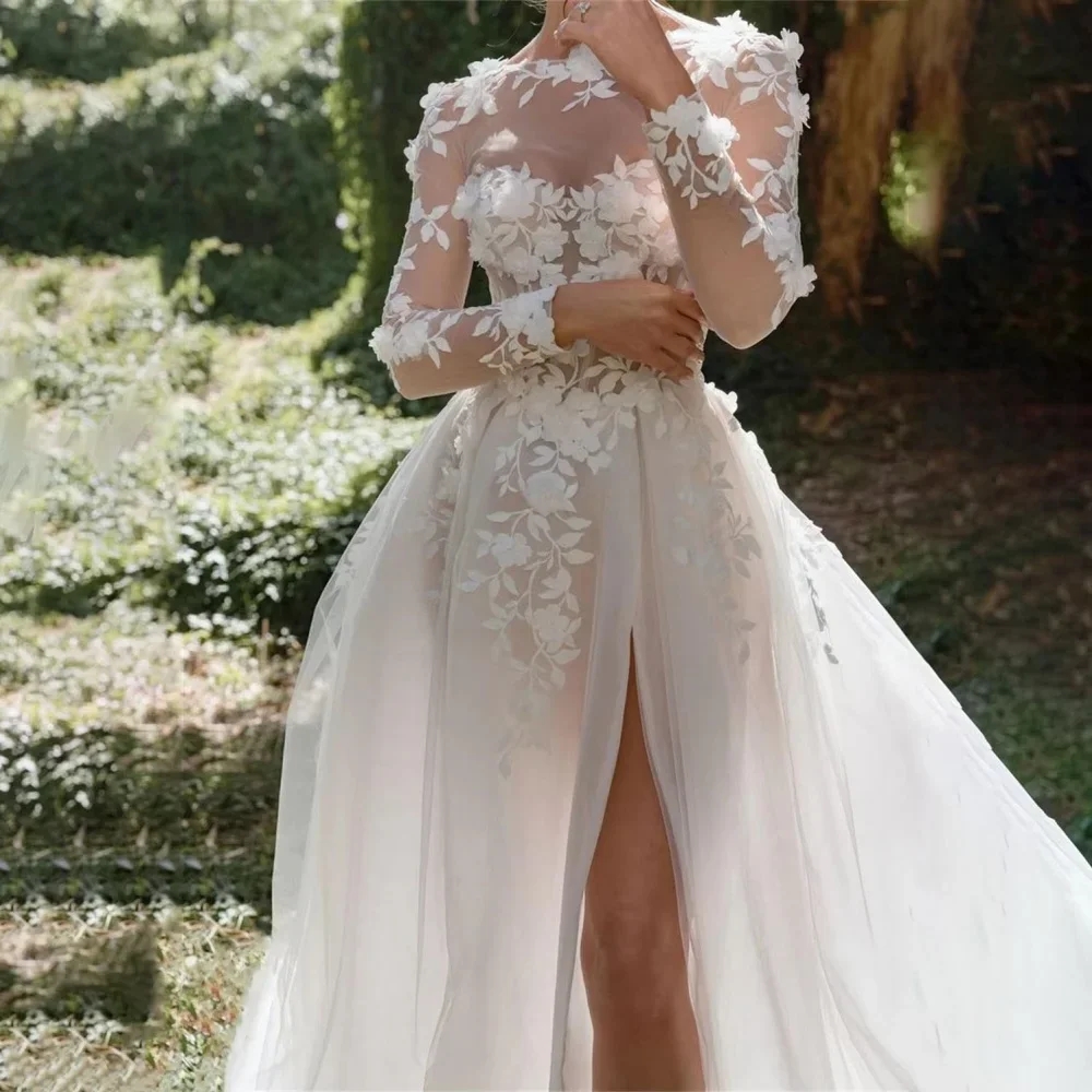 Elegant Charming Wedding Dress 2026 Scoop 3D Flowers Silt Tulle Button Bittons Tulle Princess A-line Church Bridal Bride Gown Vestido de Noiva