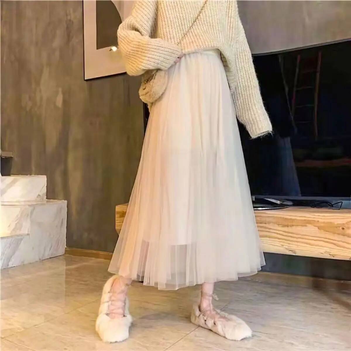Vintage Tulle Women Streetwear Elastic High Waist Mesh Pleated Skirts Summer Elegant Korean A Line Office Ladies Skirt New dongdumaoyi