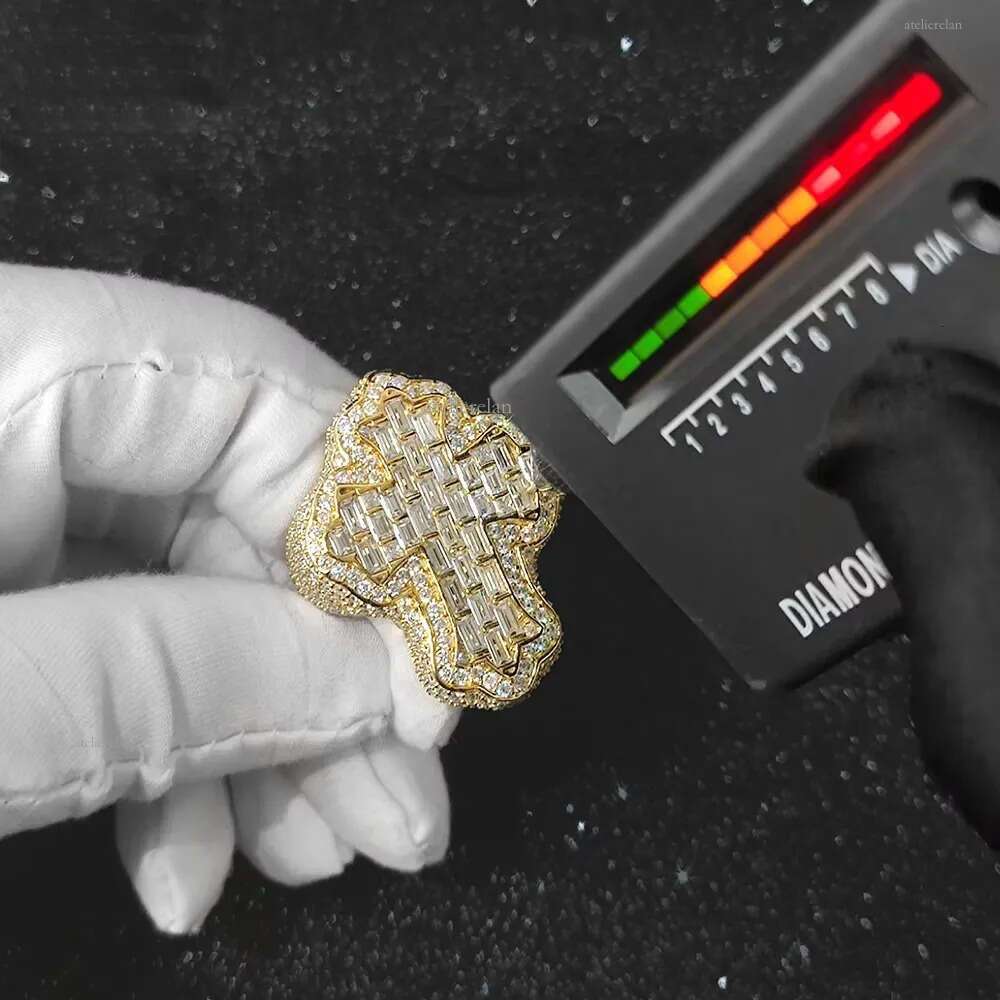 Hip Hop Jewelry Baguette Dia Cross Rings Iced Out Moissanite Sterling Sier Ring for Men and Women