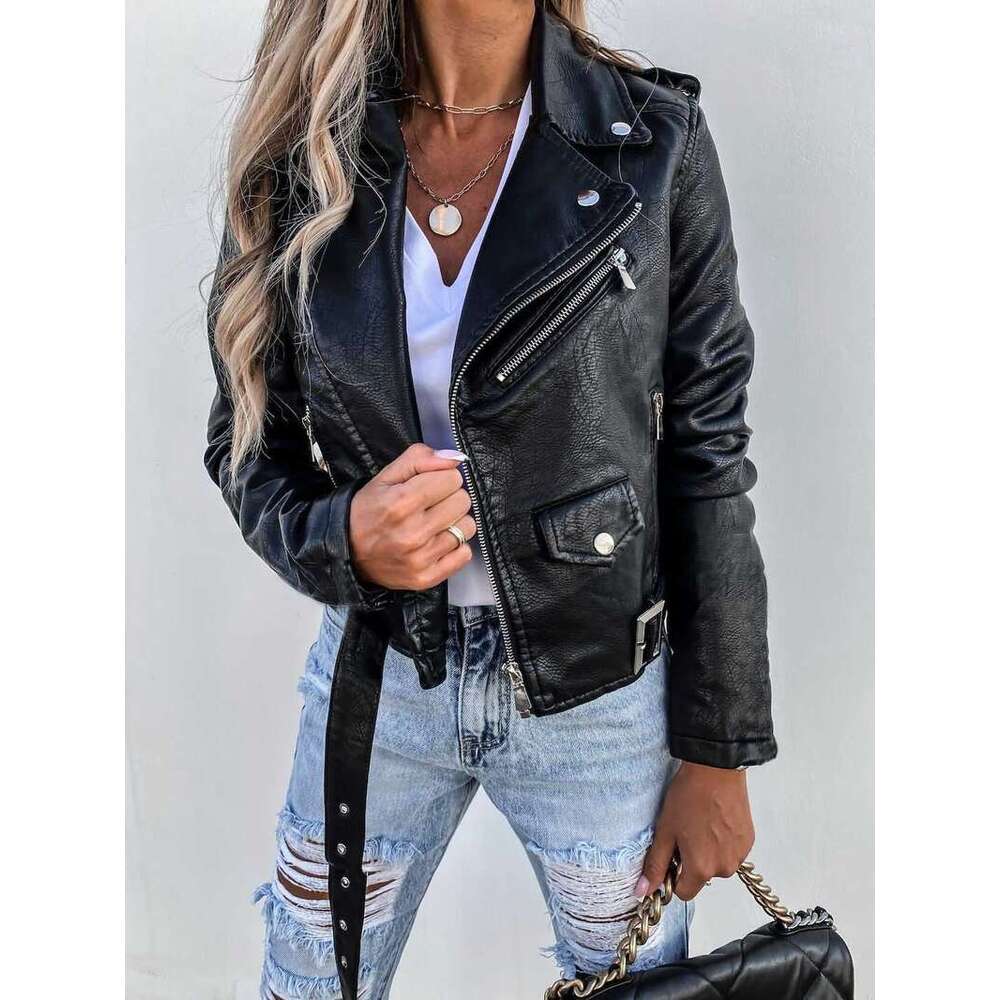 Women's Top PU Leather Jacket Motorcycle Short Zipper
