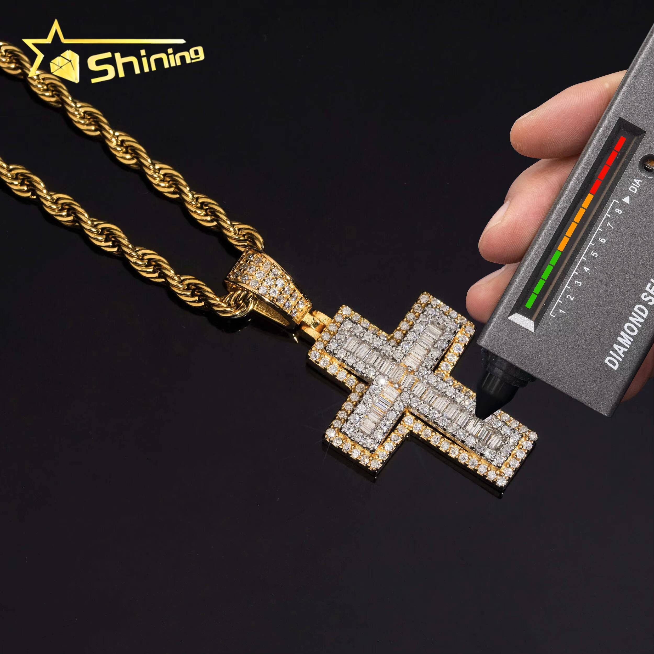 New Design Pass Diamond Tester Fashion Hip Hop Pendant Jewelry 925 Silver VVS Baguette Moissanite Diamond Cross Pendant Necklace
