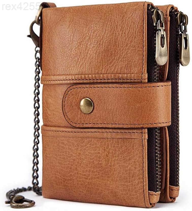 Real Leather RFID Blocking Bifold Wallets for Men Double Zipper Coin Pocket Purse with AntiTheft ChainW250911