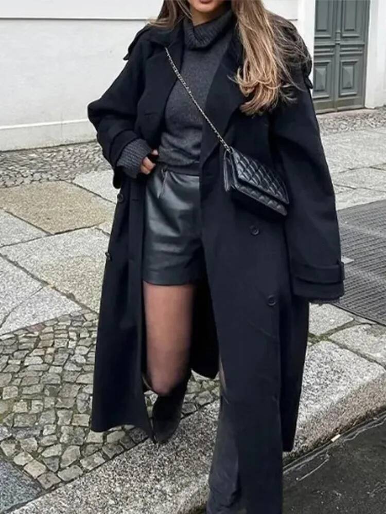 Yitimuceng Elegant Solid Double Breasted Laced Up Coat for Women Long Sleeve Jackets 2025 New Autumn Winter Wool Coats