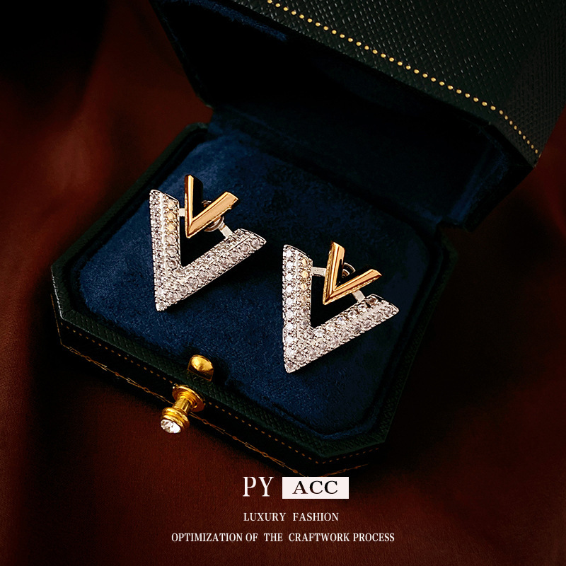 Luxury Brand Designer Jewelry Real Gold Plated Silver Needle Zircon Letter Two-Way Earrings Korean Light Luxury Stud Earrings Niche Versatile High-End